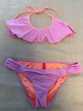 Victoria’s Secret 2-Piece Ruffle Flounce Bikini Set in Orchid Pink & Neon Coral